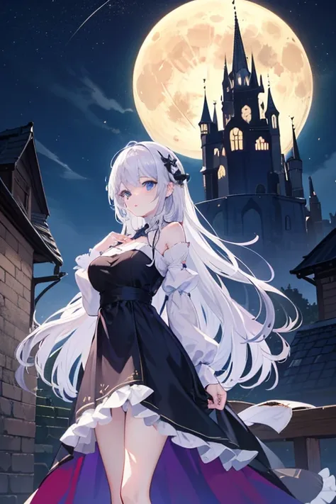 The full moon shines suspiciously behind a castle that is too big for people to live in。The one who flutters gracefully on the castle wall has silver hair and blue eyes、anime girl in a jet black dress