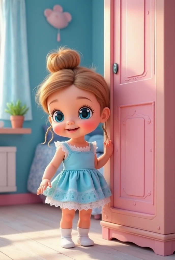  In a cozy cartoon nursery with blue walls, a beautiful one year old stands and smiles next to a pink closet, with blue eyes and light brown hair, arranged in a beautiful bun on top of the head in a beautiful blue lace ren's dress and white socks