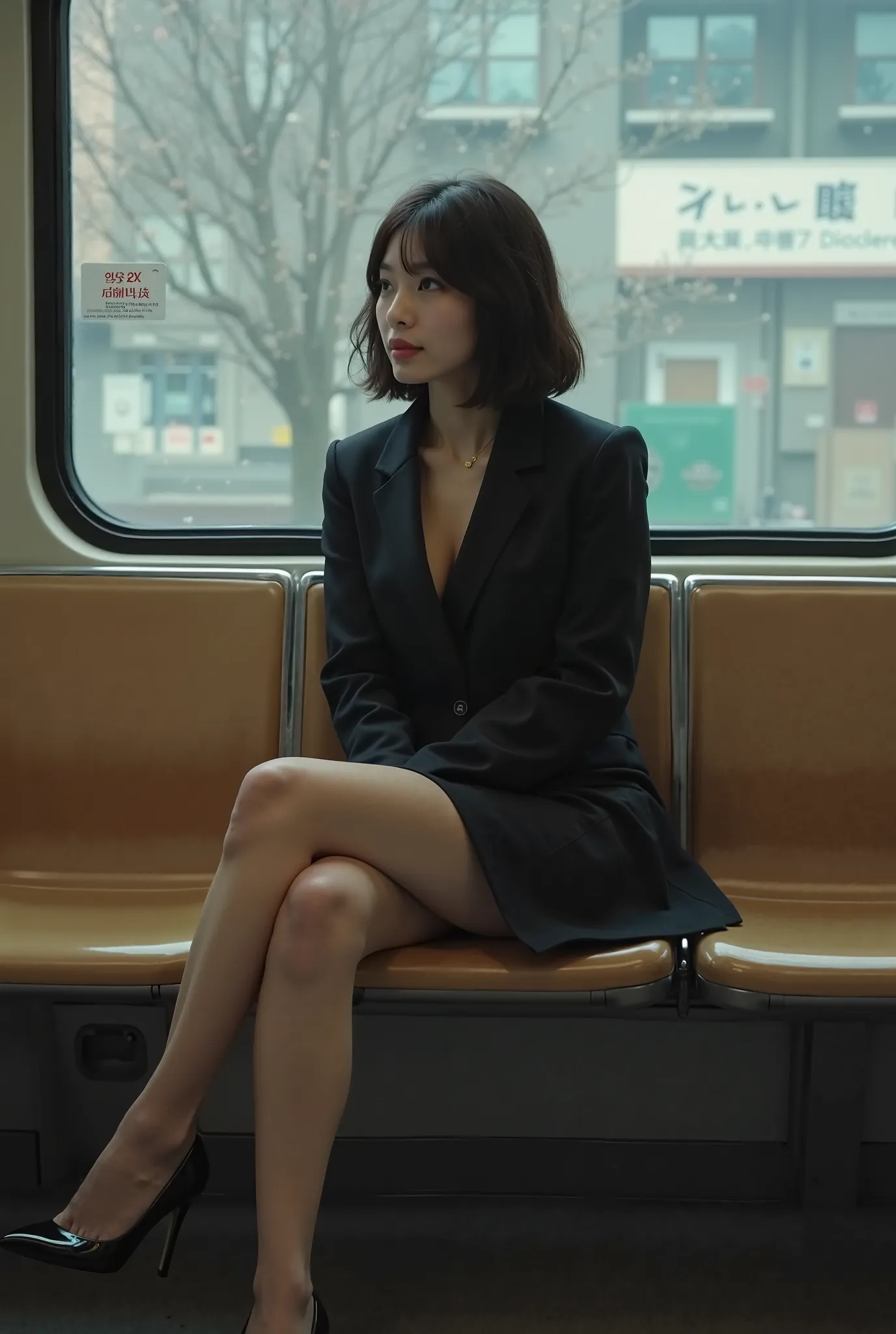  by a Japanese woman alone,(masterpiece,  best quality, 8k,  RAW photo,  beautiful、Midea:1.2),  complicated details,  indirect lighting, exist, whole body, Sitting on a Japanese subway chair 、  Staring at the Audience 、Peeking、  best quality,  super high r...