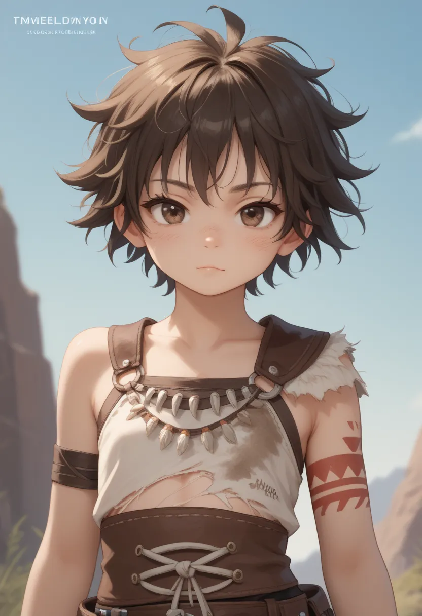 Create (a survival tomboy girl 9yo with flat chest and short messy shaggy brown disheveled hair and brown eyes and cute rounded face, weared in tribal torn clothes) character profile template 
