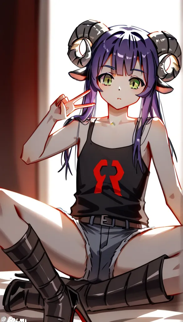  Masterpiece , score_9, score_8_ upwards, score_7_ upwards, sheep horns, super detailed illustration, green eyes, warm colors, perfect lighting, flat chest, (guy ram:1.6) , female face and body , длинные hair, purple hair, pale skin, best quality, long ban...