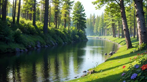 Forest clearing, near a lake, August, sunny day, glare on the water, forest flowers, bushes along the banks, professional photo, 30mm lens, 1/250s, f/2.8, 4k, ISO 100, high resolution, high detail, hyperrealism