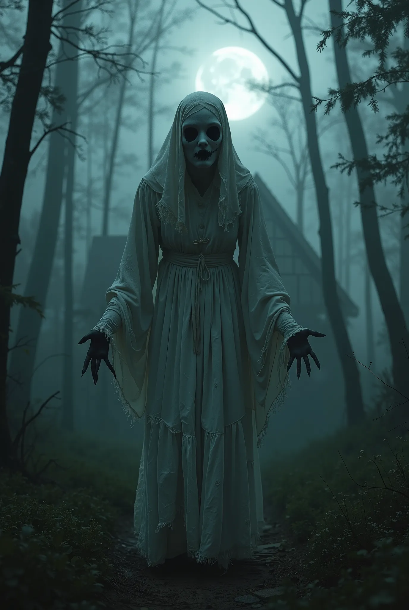 "Haunted ghost in a dark forest, pale face with black hollow eyes, long black nails, wearing tattered white dress, floating above an abandoned wooden house, foggy moonlight, eerie atmosphere, cinematic horror style, ultra-realistic, 8K"