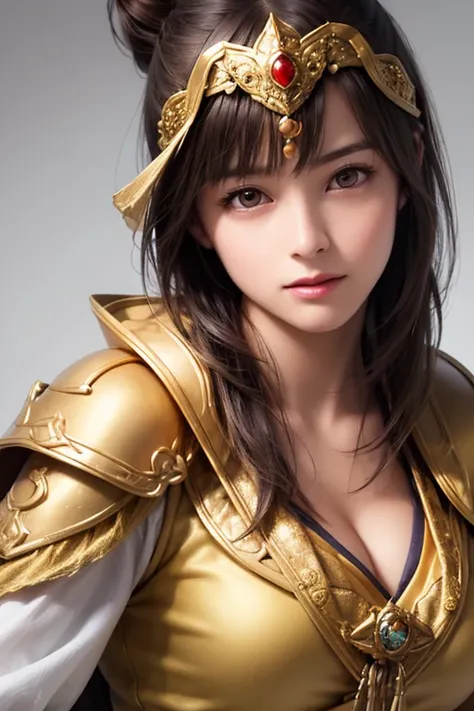 ((Close-up of a woman wearing golden armor and cloak up to the waist:1.2)), 1 person, cute ponytail ,20 years old,(((Real Face))),Closeup of a woman wearing large breasts and creevage ,(((Cleavage exposed))),Scary face, Highly Detailed Face and Skin Textur...