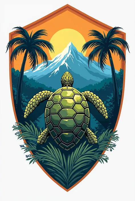 Make me a soccer shield containing palm trees, mountains and a turtle