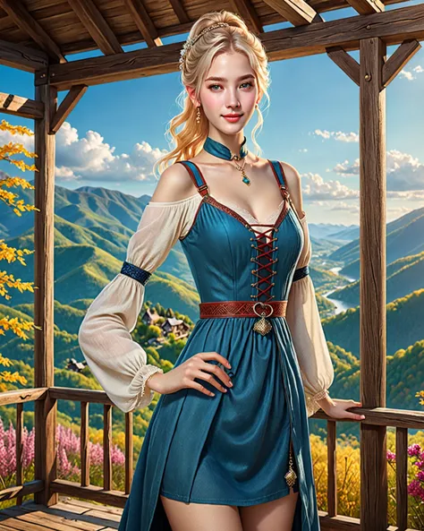 Overall calm but vivid colors、 manga style 、 Medieval Fantasy Style 、 young woman（nationality:1.2）、（age:1.1）、 Bright Blonde Hair （ Hair Details :1.2）Angled slightly towards the viewer、（Clothing Details:1.2）、Pretty eyes and a smile、（ Accessories:1.1）Wearing...