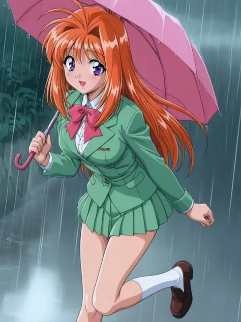 masterpiece, best quality, SaekiRuruna, 1girl, solo, long hair, orange hair, purple eyes, medium breasts, antenna hair, Fruitfulness, smile, blush, 1990s \(style\), School Uniform,blazer,jacket, Collared shirt,Long sleeves,large midium brests,mini skirt,Pl...