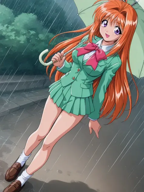 masterpiece, best quality, SaekiRuruna, 1girl, solo, long hair, orange hair, purple eyes, medium breasts, antenna hair, Fruitfulness, smile, blush, 1990s \(style\), School Uniform,blazer,jacket, Collared shirt,Long sleeves,large midium brests,mini skirt,Pl...