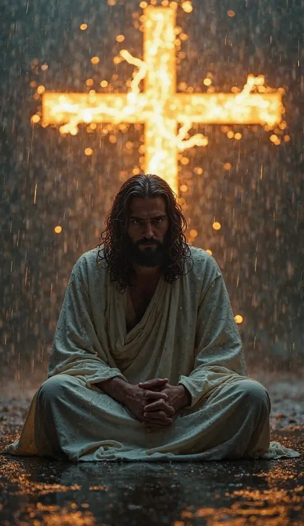 A solemn, wet-haired Jesus sits in the rain, wearing a flowing, drenched robe. His hands are intertwined and his head slightly tilted, evoking deep contemplation. Behind him, an enormous shiny cross made of melted light crackles with energy, emitting golde...