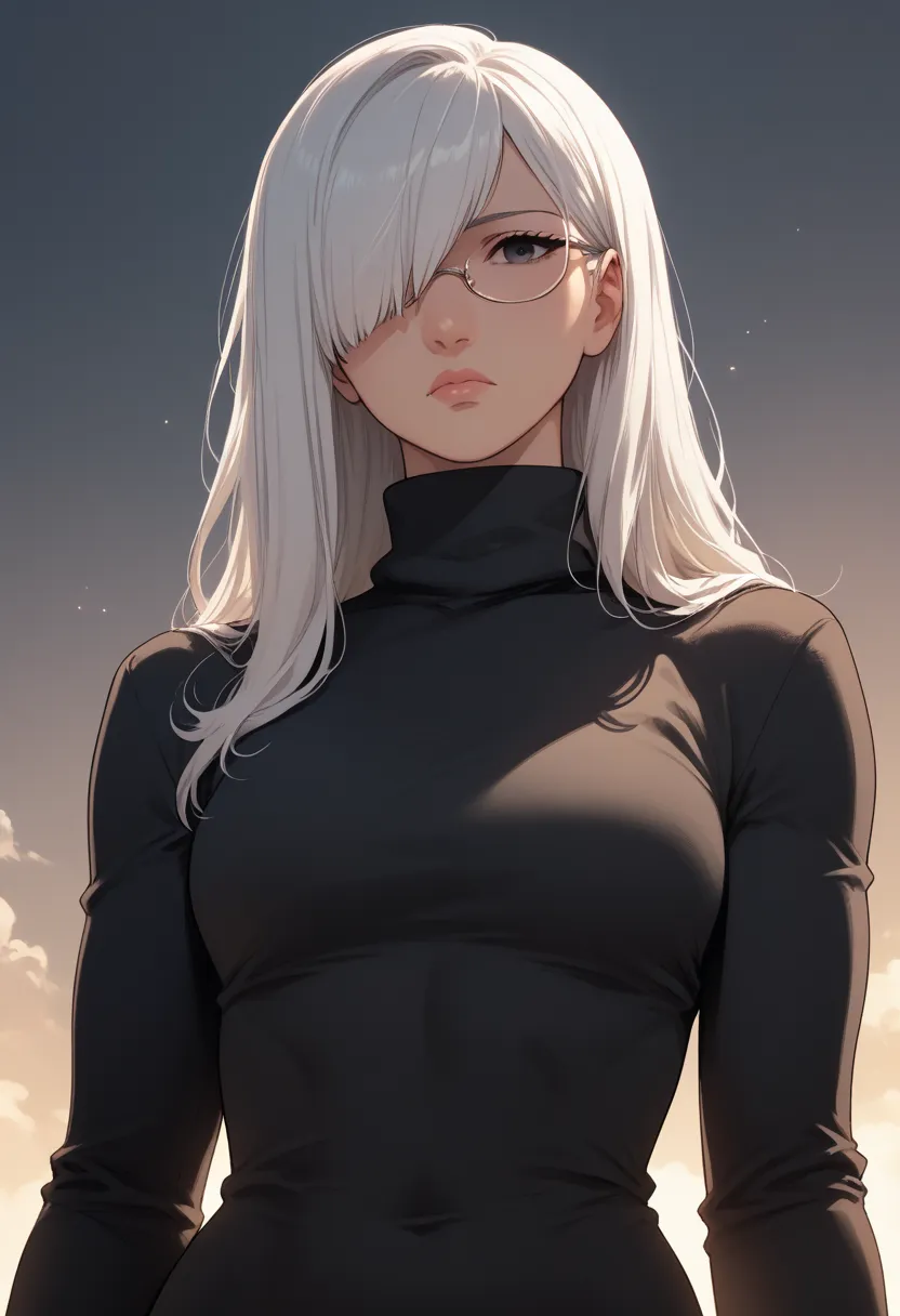 Alpha female, white hair, hair covering left eye, turtleneck revealing belly, square glasses, tall, cool, sharp, black eyes, hair covering eye, feminist, beautiful, anime, strong, handsome, krisanka