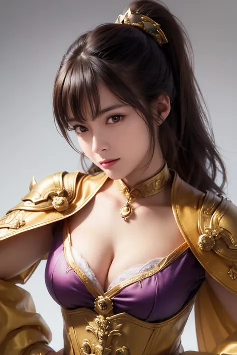 ((Close-up of a woman wearing golden armor and cloak up to the waist:1.2)), 1 person, cute ponytail ,20 years old,(((Real Face))),Closeup of a woman wearing large breasts and creevage ,(((Cleavage exposed))),Scary face, Highly Detailed Face and Skin Textur...