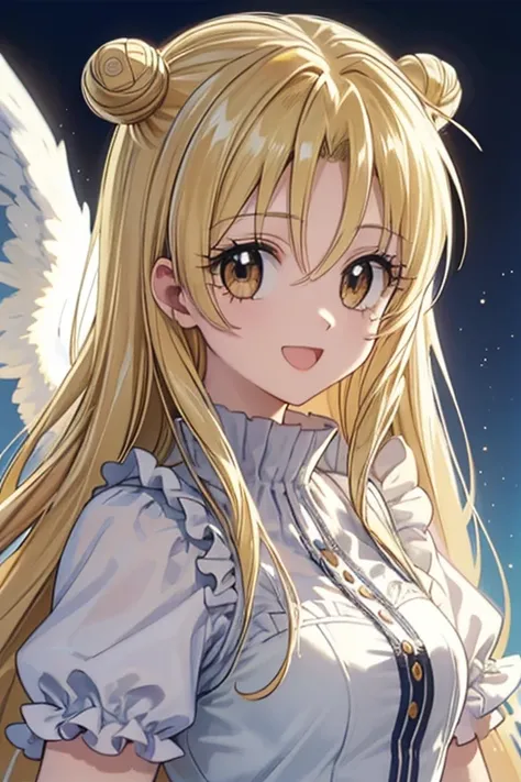 (exceptional, best aesthetic, new, newest, best quality, masterpiece, extremely detailed), , 1girl, solo, mitsuki_fullmoon, open_mouth, smile, looking_at_viewer,hair_bun, drill_hair, angel, angel cloth, angel palace