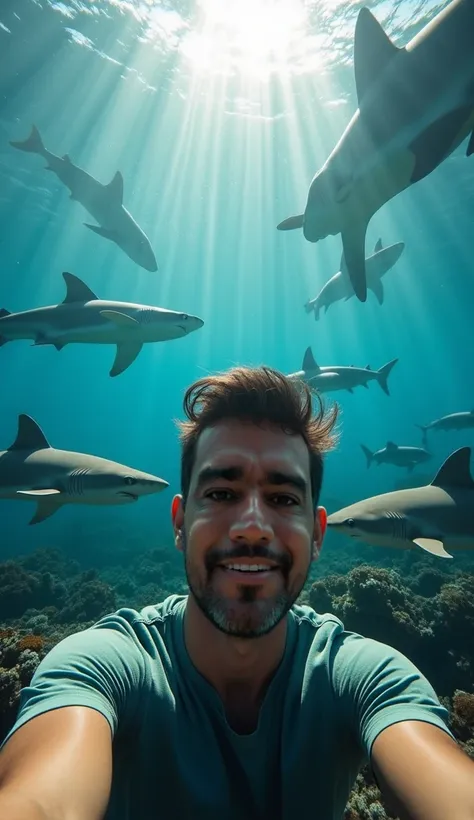 Man taking a selfie on the seabed with sharks. The lighting is great and the crystal clear water. And they generate flares in the sun reflection camera. The man must have the face and hair from the reference image.