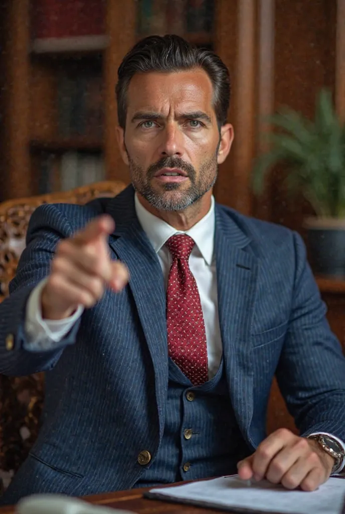 A man in a striped blue suit wearing a white shirt and red polka-dot tie is sitting in a sophisticated office. He has his hair combed back and a serious and determined expression as he points directly forward with a firm gesture. Your gaze is intense, and ...