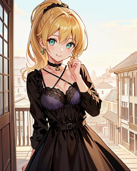 Overall calm but vivid colors、 manga style 、 Medieval Fantasy Style 、 young woman（nationality:1.2）、（age:1.1）、 Bright Blonde Hair （ Hair Details :1.2）Angled slightly towards the viewer、（Clothing Details:1.2）、Pretty eyes and a smile、（ Accessories:1.1）Wearing...