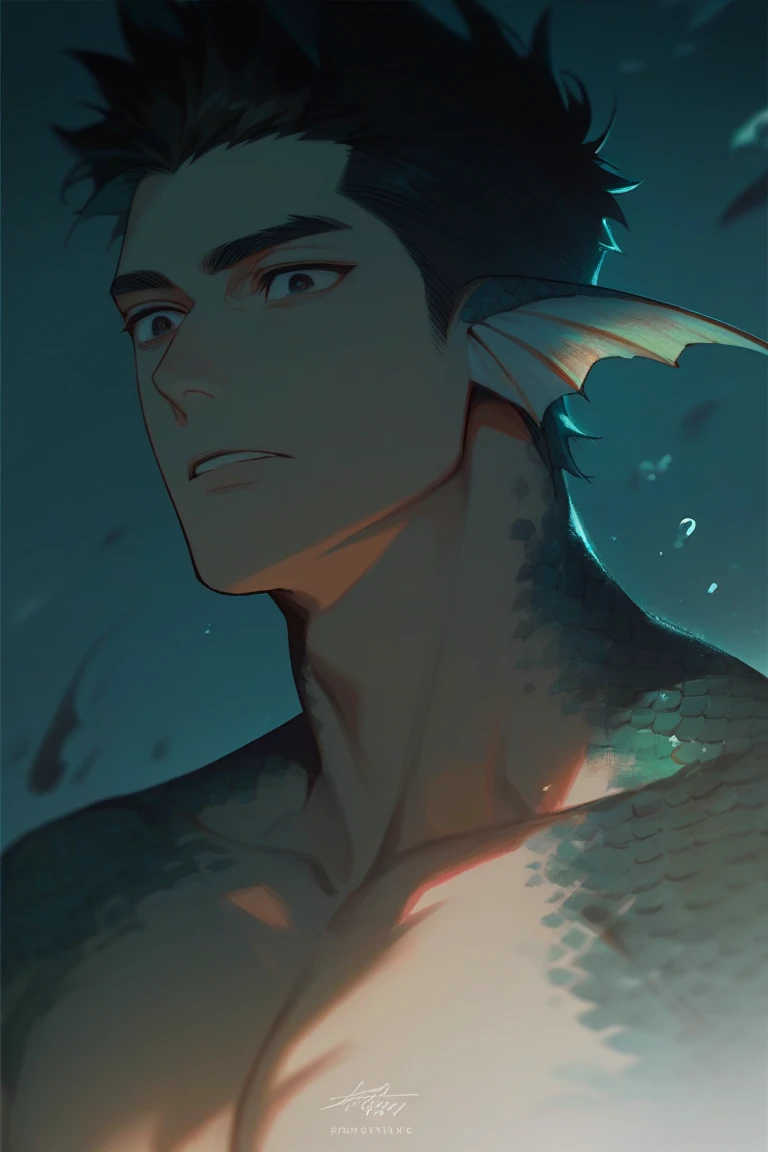 Male character, Humanoid sea monster, Half-human, half sea monster, Fins ears, Scales on skin, Dark hair, Stoic expression, Handsome, Black eyes, Shirtless; Dark, Eerie, and Psychopathic theme.