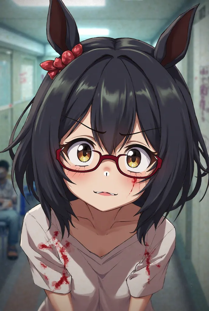  short hair ,  horse face,  black hair, shut your mouth, eye socket, Raise your eyebrows,  wearing glasses, THERE ARE PUNCTURE WOUNDS ,  Anime, At school, embarrass