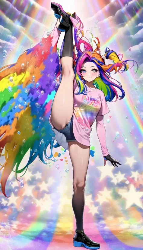 (best quality:1.2),1girl,solo,standing_split,full body, （Pink Fashion T-shirt：1.9），(Colorful hair: 1.8), (all the colours of the rainbow: 1.8),