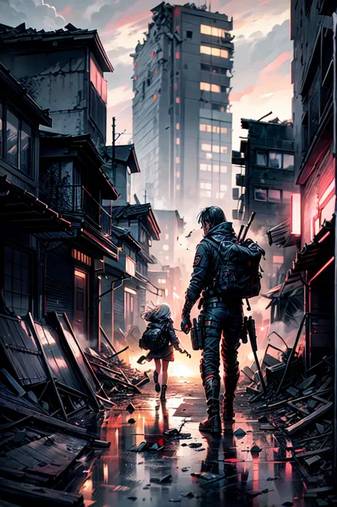 masterpiece, best quality, high resolution, rich details, 8k, extreme light and shadow, image of a beautiful young girl wearing tactical gear, holding a AK47 with two hand, walking down a desolated street in a collapsed city, post apocalypse, smoke and fog...