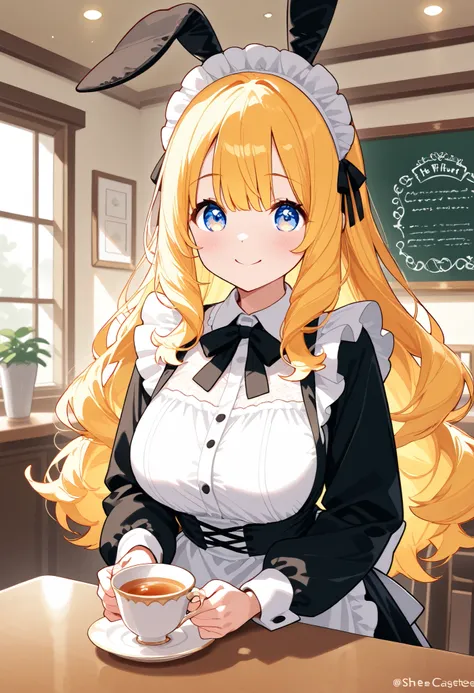 （ Masterpiece、 high quality)、「cute maid character with bunny ears。She has big eyes and fluffy hair、and she wears classic white and black maid clothes Doing it。The clothes are decorated with lace and ribbons、It emphasizes her cute impression。and the interio...