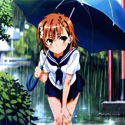 Rainy park, wet sailor suit,  Misaka Mikoto, masterpiece:1.5, masterpiece, highest quality, UHD, retina, masterpiece, accurate anatomy, super detailed, high quality, best quality, 8k