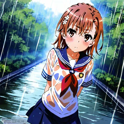 Rainy park, wet sailor suit,  Misaka Mikoto, masterpiece:1.5, masterpiece, highest quality, UHD, retina, masterpiece, accurate anatomy, super detailed, high quality, best quality, 8k