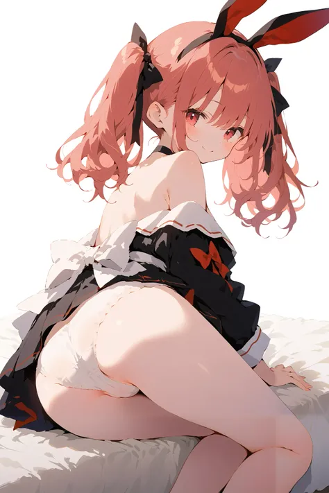 red maid clothes、Lots of fluttering decorations、Straight Hair、 pigtails、pink hair、 red ribbon、White droopy bunny ears、 bright sunshine、Assisted 、 Smile、 with a cheerful smile、sitting with buttocks、My knees are standing 、 white tights、white panties seen fro...