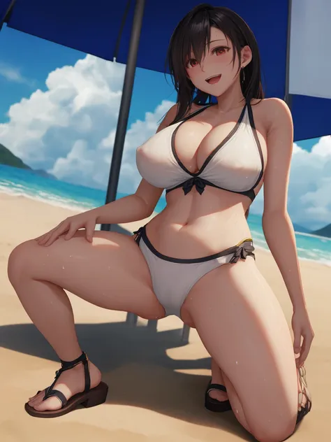 (Raw photos, photorealistic:1.2), Portrait, official art, best masterpiece, best quality, best resolution, 8K, best detailed, perfect anatomy
BREAK
tifa lockhart, tifa, red_eyes, red iris, black hair, long hair, sandals, , (white bikini), bare shoulders, n...