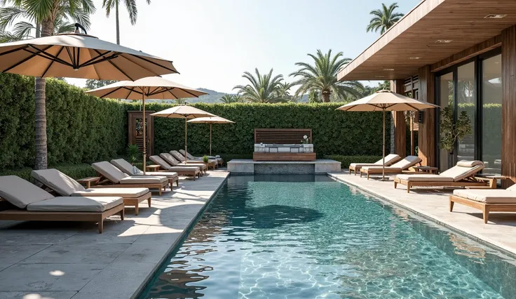  "Design a luxury poolside with a modern lounge, elegant umbrellas, and beautiful water features."
