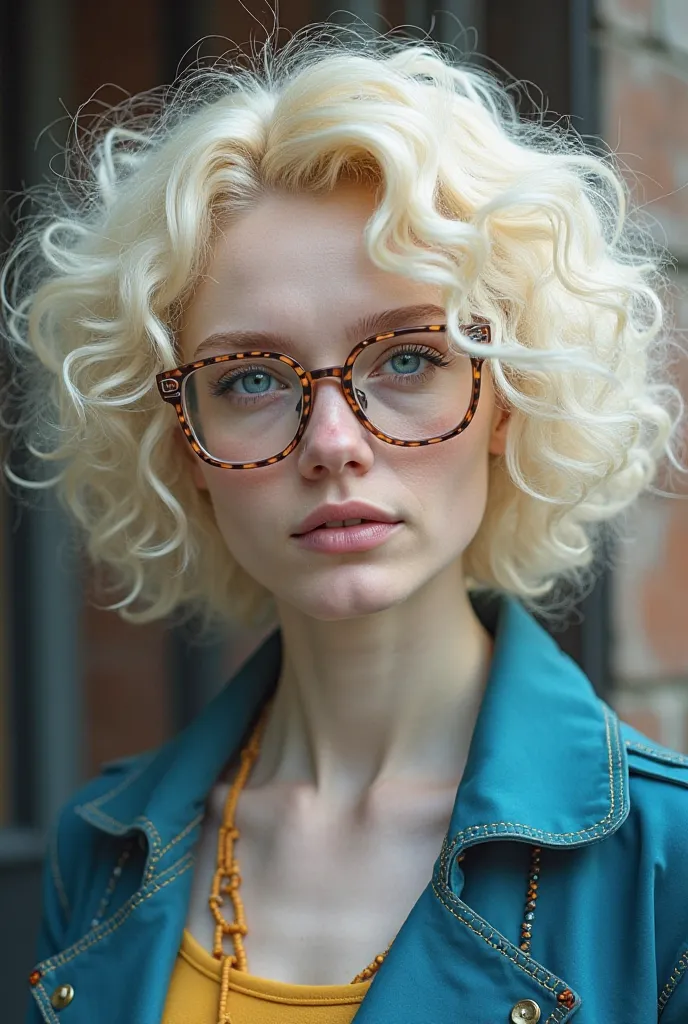 Blonde curly hair with blue eyes, dyed white skin with square glasses in a trendy outfit, pour une taille de 1m65 avec une corpulence normal 