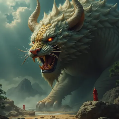 a Chinese mythological monster, [by Artgerm and WLOP and Greg Rutkowski and Ilya Kuvshinov and Alphonse Mucha and Jesper Ejsing], intricate design, finely detailed, oil painting, backlighting, dynamic lighting, volumetric lighting, chiaroscuro, A fierce be...