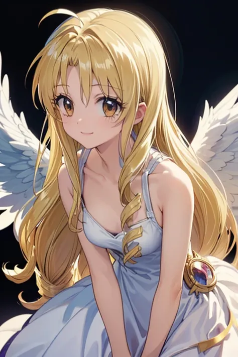 (exceptional, best aesthetic, new, newest, best quality, masterpiece, extremely detailed), 1girl, solo, mitsuki_fullmoon, smile, leaning_forward, drill_hair,angel, angel cloth, angel palace, ((mutiple angel wings))