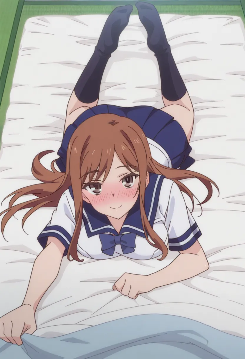 anime screencap, anime coloring, masterpiece, best quality, very aesthetic, perfect face,Ayane Shirakawa, 1girl, solo, brown hair, long hair, brown eyes, large breasts,Ayane school uniform outfit, blue skirt,Black socks,no shoes, looking at viewer, smile,B...