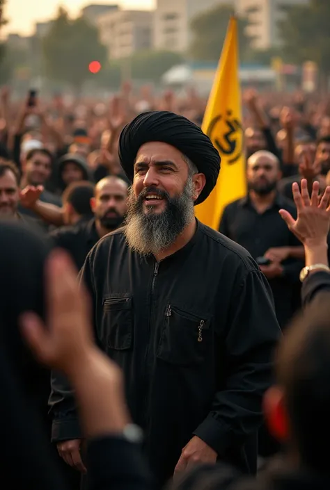 I want a picture of thousands of crowds celebrating Mr. Hassan Nasrallah and Mr. Hashim and those who are wearing the cover of the well-known Hezbollah flag. Everyone wears black. The image will be aerial to show the huge crowds