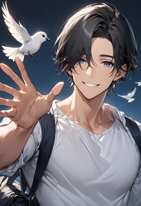  dark-haired young man" Flying Bird"raises his hand and says hello