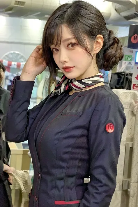 big breasts, big ass, JAL,cabincrew,uniform, (Realistic style in JAL cabin crew uniform), (at the airport counter, professional lighting), neat woman, beautiful face, (black JAL cabin crew uniform), (long-sleeved JAL flight attendant uniform), (scarf photo...