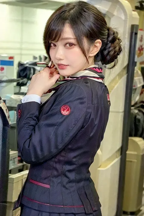 big breasts, big ass, JAL,cabincrew,uniform, (Realistic style in JAL cabin crew uniform), (at the airport counter, professional lighting), neat woman, beautiful face, (black JAL cabin crew uniform), (long-sleeved JAL flight attendant uniform), (scarf photo...