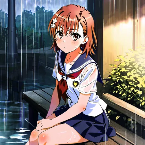 Rainy park, wet sailor suit,  Misaka Mikoto, masterpiece:1.5, masterpiece, highest quality, UHD, retina, masterpiece, accurate anatomy, super detailed, high quality, best quality, 8k