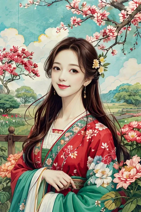 ( TOP QUALITY,  high resolution,  HD , 8k,  masterpiece),  One girl taking care of flowers,  long bright maroon hair ,  moderate breast size、 beautiful and well-groomed face,  brown eyes , Look at me and smile , Old-fashioned garden   ,  colorful flowers a...