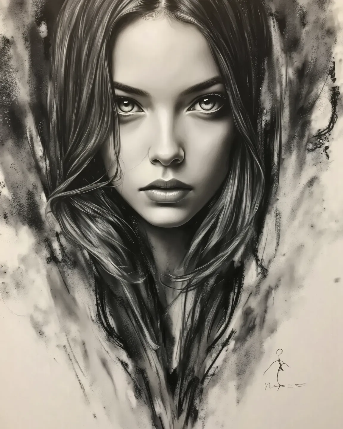 charcoal painting, sketch,     , rainbow(spot color), portrait, water droplets on glass, long hair, looking at viewer, beautiful, (masterpiece, best quality:1.2) 