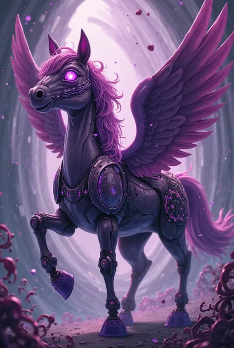 I want a draw of a Pegasus with technology and a little bit of darkness, and add an cartoon drawing style and purple tones on Pegasus 