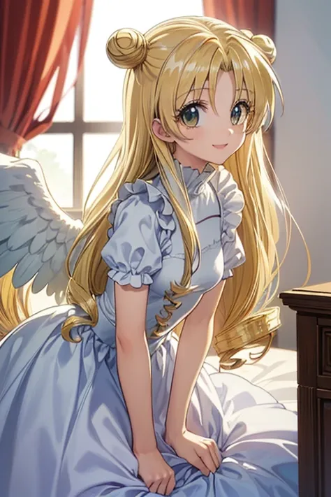 (exceptional, best aesthetic, new, newest, best quality, masterpiece, extremely detailed), 1girl, solo, mitsuki_fullmoon, smile, leaning_forward,hair_bun, drill_hair,angel, angel cloth, angel palace, ((mutiple angel wings))