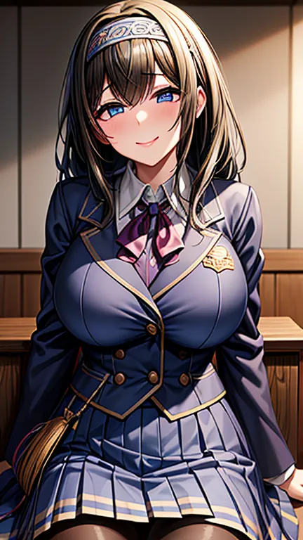 ( masterpiece)、（Best Picture Quality）、（very well detailed）、(very well detailed),((( blazer,学校のuniform,blue tie, high school student, skirt,uniform,big breast,clothing, blue jacket ,  is perfect for the body  ,tights, thighs))),（8k）、Best Picture Quality、（ b...