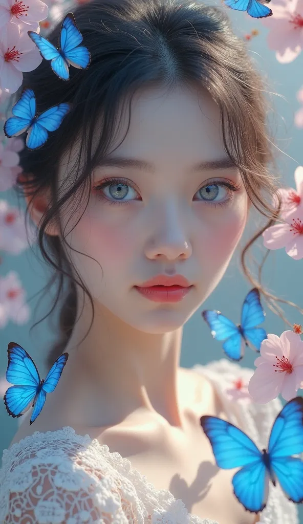   super realistic , Of a young woman with striking blue eyes、Mysterious portrait, Soft, smooth skin, Delicate Facial Features. She is surrounded by cherry blossoms in full bloom and vibrant blue butterflies,  dreamy ,  Pastel Color Palette .  and the light...