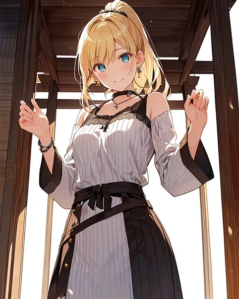 Overall calm but vivid colors、 manga style 、 Medieval Fantasy Style 、 young woman（nationality:1.2）、（age:1.1）、 Bright Blonde Hair （ Hair Details :1.2）Angled slightly towards the viewer、（Clothing Details:1.2）、Pretty eyes and a smile、（ Accessories:1.1）Wearing...