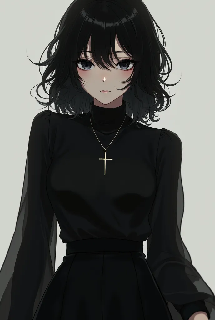 anime character with black eyes curly hair wearing a black turtleneck and sleeve blouse, with a cross necklace