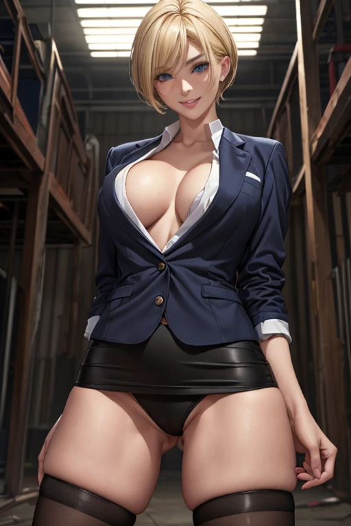 Highest quality, 4K, ultra-high definition, highest resolution, masterpiece, (mature adult woman) A female teacher (mature woman) European features. ((Short hair with trimmed ends. Blonde.)) (Hair parted) Long eyelashes, thin, upturned eyes. Blue eyes, bea...