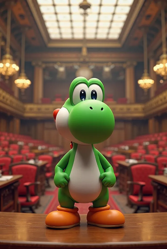 A German Bundestag without politicians and instead "Yoshi" from Super Mario. The camera perspective is frontal and a bit higher up