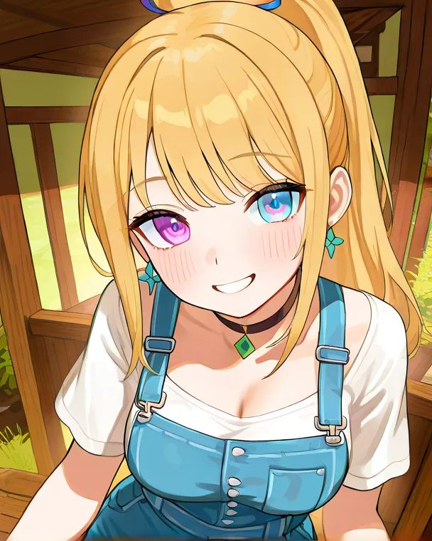 Overall calm but vivid colors、 manga style 、 Medieval Fantasy Style 、 young woman（nationality:1.2）、（age:1.1）、 Bright Blonde Hair （ Hair Details :1.2）Angled slightly towards the viewer、（Clothing Details:1.2）、Pretty eyes and a smile、（ Accessories:1.1）Wearing...