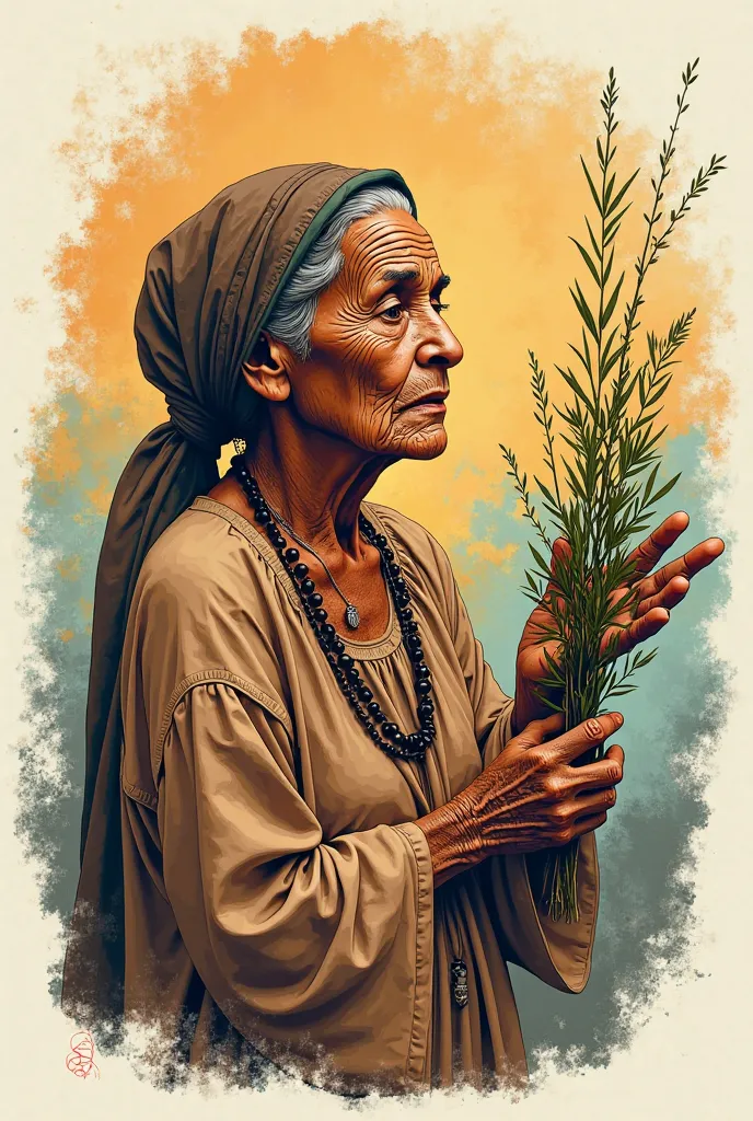 "A vintage-style illustration of an elderly benzedeira (spiritual healer), with aged and expressive features that convey wisdom and serenity. She wears a headscarf and a simple dress, holding a bundle of healing herbs like rue or rosemary in her outstretch...